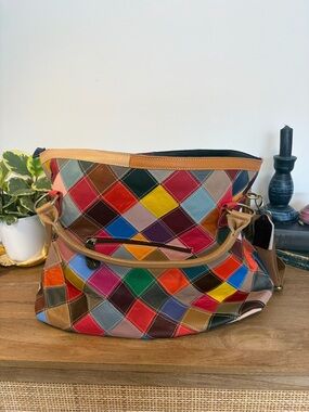 Genuine Leather Multicolor Patchwork Hobo Tote